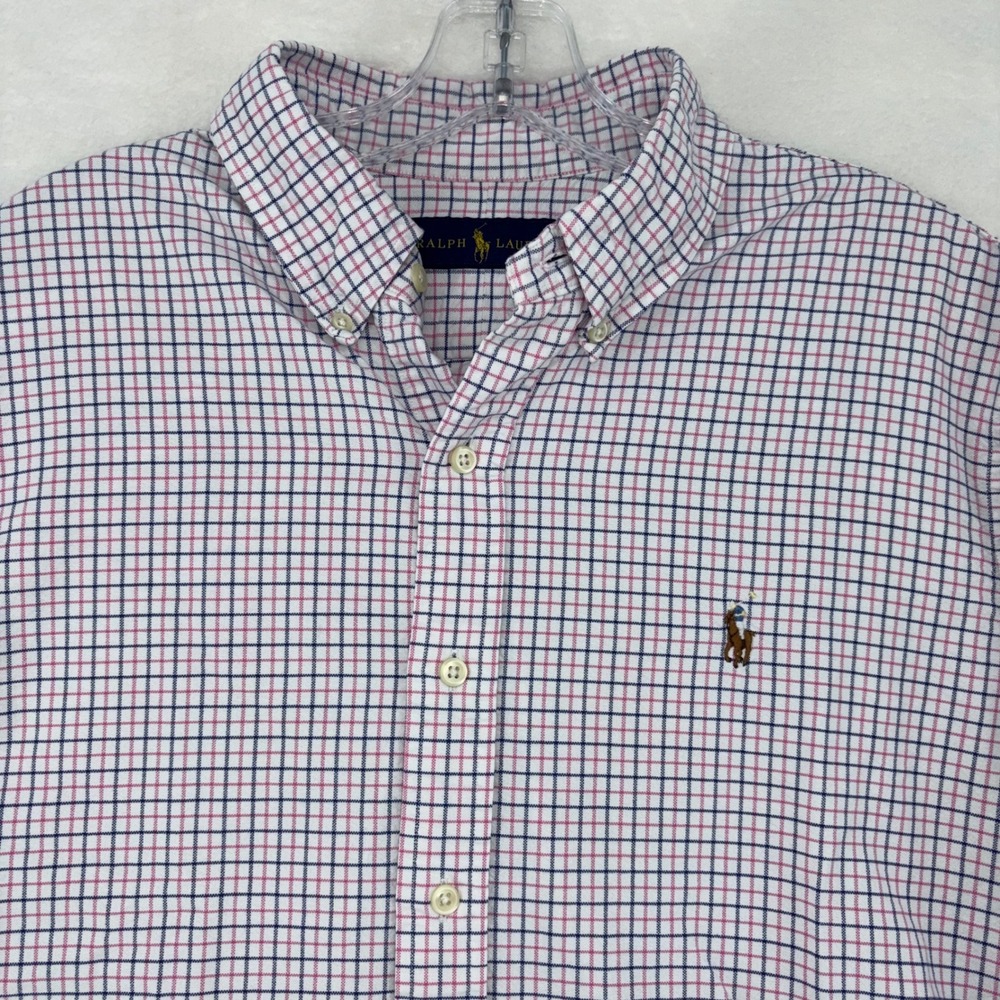 Ralph Lauren Men XL Long Sleeve Button Down Shirt Tattersall Check Pink Navy Whi